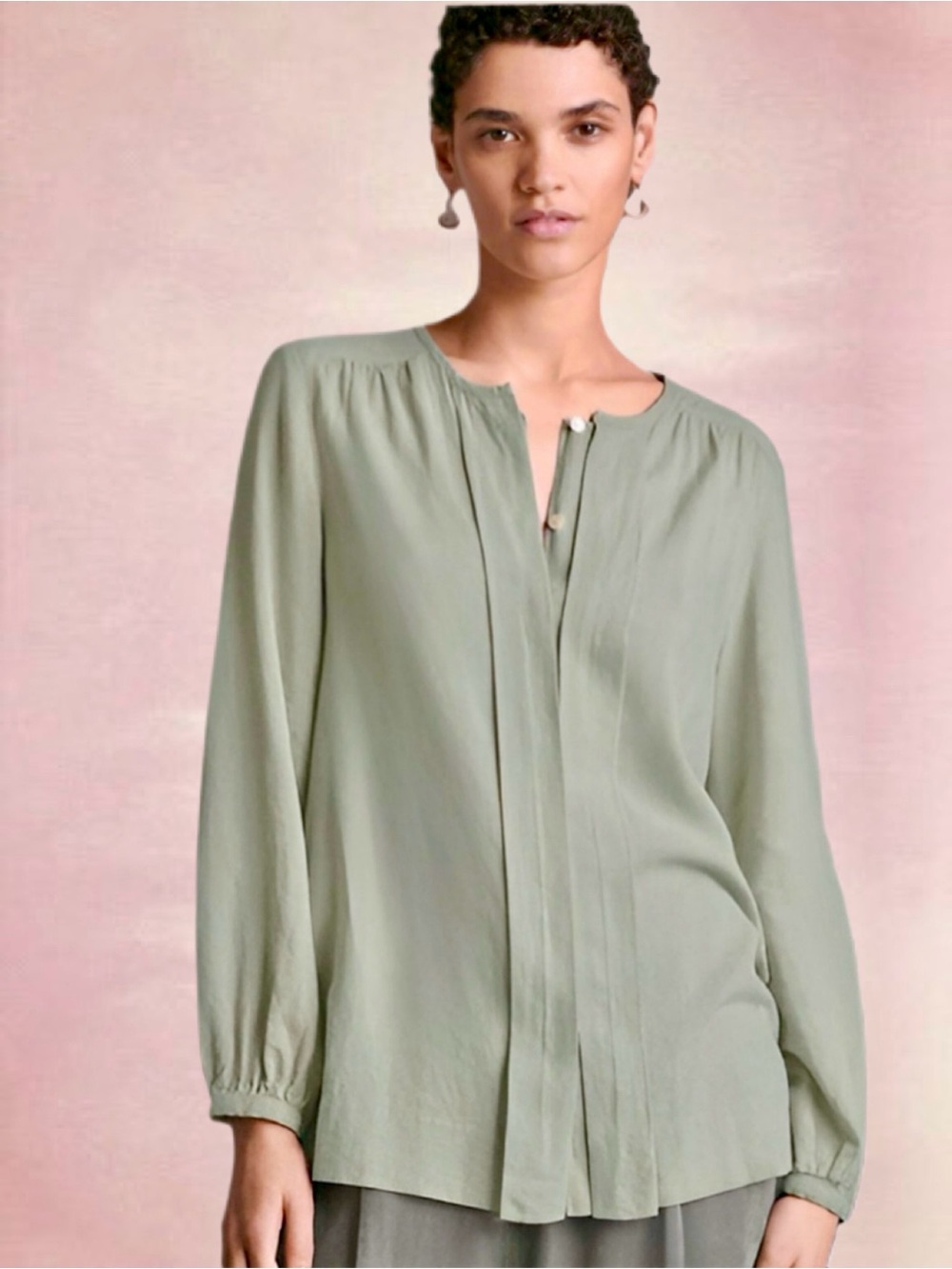 POETRY Pale Sage Green Linen Blend Buttoned Collarless Blouse Relaxed size 14